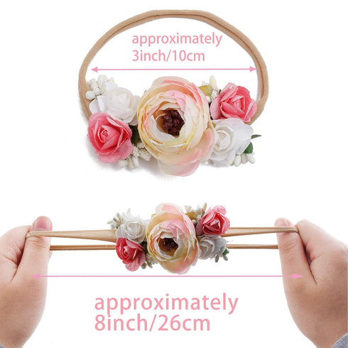 Baby Girl Floral Headbands - 3pcs Handmade Nylon Headband Flower Crown, Newborn Toddler Hair Accessories
