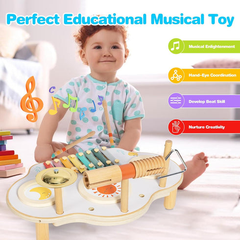Kids Drum Set - 9 in 1 Baby Drum Set for Toddlers, Montessori Musical Instruments Toy, Wooden Xylophone for Boys & Girls