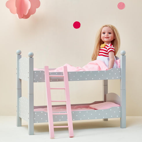 18 in. Doll Wooden Convertible Bunk Bed - Olivia's Little World, Gray with White Polka Dots and Pink Accents
