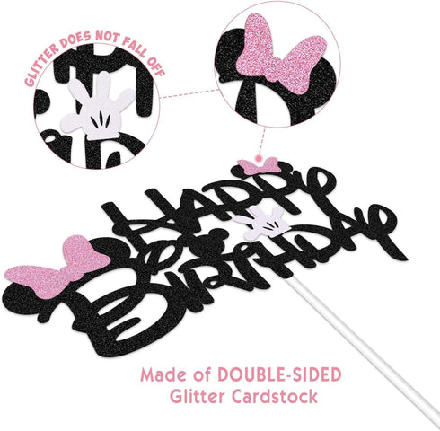 Black Glitter Minnie Inspired Happy Birthday Cake Topper with Pink Bows for Girls Birthday Party