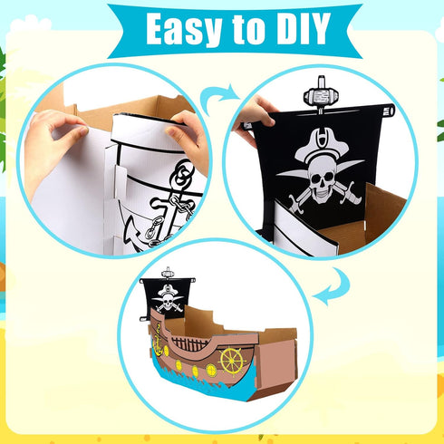 Eaasty Coloring Pirate Ship Cardboard Boat Playhouse for Kids Crafts DIY Large Kids Outdoor Playhouse Toy for Toddlers