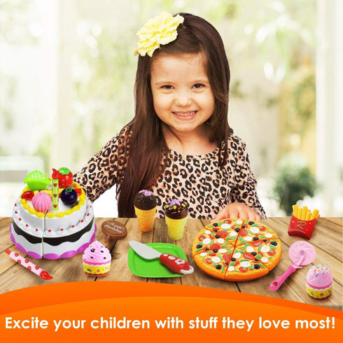 Set FUNERICA Play Food Goodies with Storage Box - Features Cutting Pizza, Ice Cream, Toy Birthday Cake, Fries, Dessert