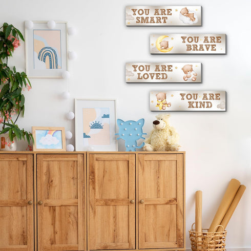 MJSXY Boy,4PCS Bear Nursery Wall Decor,Wooden Bear Wall Art for Baby Cute Boy Room Decor for Nursery Themes Bathroom