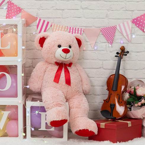 Giant Teddy Bear Stuffed Animal Plush with Red Ribbon Bow, 36 inch Pink Valentine's Day Gift for Kids and Girlfriend