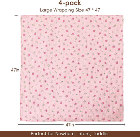 4 Pack Blankets,100% 47 47 inches, david's kids Baby Muslin Swaddle Cotton and Ultra Soft Breathable Receiving Blanket