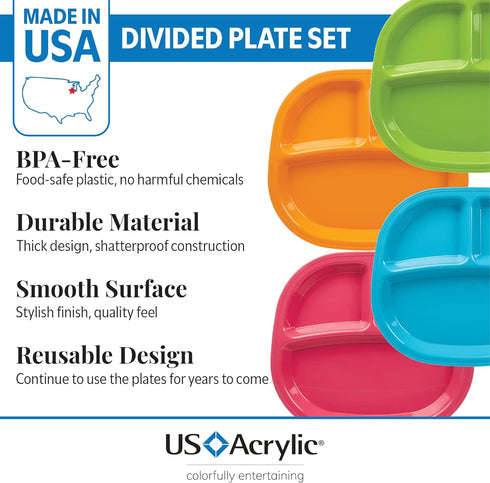 US Acrylic Harmony 3-compartment Divided Plastic Kids Tray in 4 Calypso Colors | set of 12 Reusable, BPA-free Plates, Made in the USA, Microwave & Dishwasher Safe Dinnerware by US Acrylic