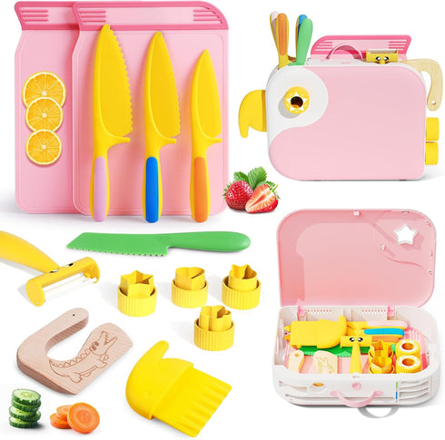 Kids Kitchen Knife Set for Real Cooking with Storage Box Pink, Montessori