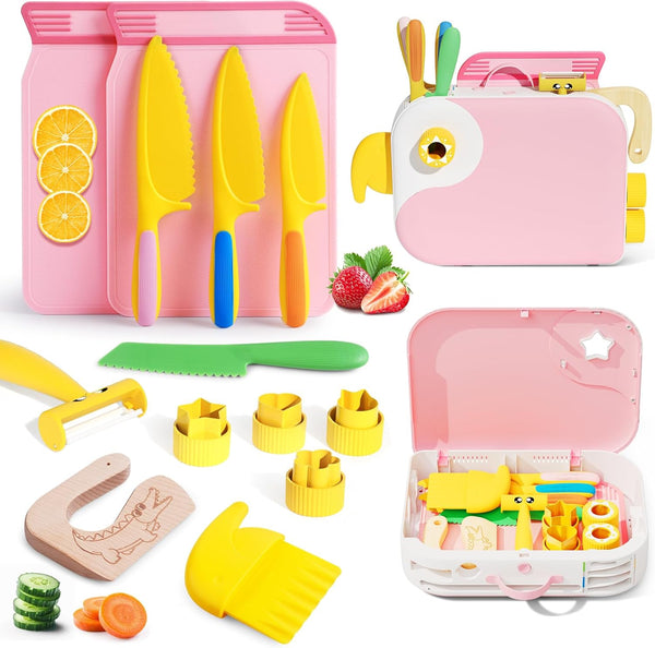 Kids Kitchen Knife Set for Real Cooking with Storage Box Pink, Montessori