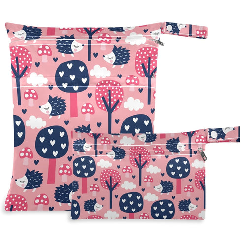 visesunny Hedgehog Forest 2Pcs Wet Bag with Zippered Pockets Washable Reusable Roomy for