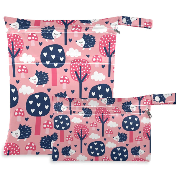 visesunny Hedgehog Forest 2Pcs Wet Bag with Zippered Pockets Washable Reusable Roomy for