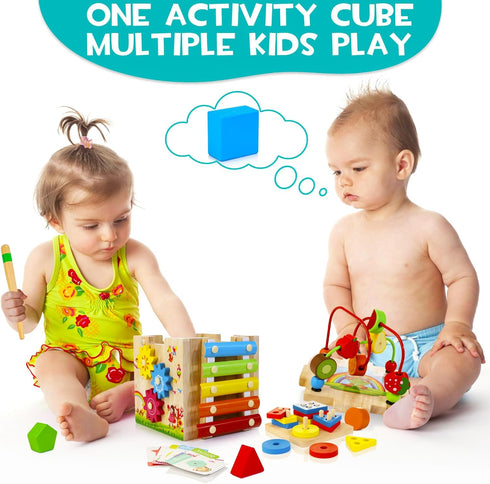 8-in-1 Pack Packaging HELLOWOOD Wooden Activity Cube for Kids, Sorting & Stacking Toys Shape Match Xylophone Montessori