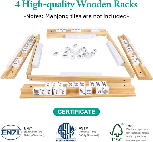 Set 4 Upgraded Mahjong Racks with Pushers, of Trays for American Mahjong Games, Wooden Holders for Mahjong, Dominoes
