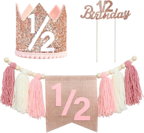 BaaSid 1/2 Garland6 Birthday Girl Pink Half Birthday Decorations High Chair Banner Tassel Wood Bead Months Decorations