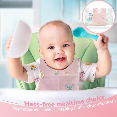 WOOWME 30 Packaged Pcs Disposable Bibs, Individually with Catcher and Leakproof Liner for Toddler Feeding, Baby Travel