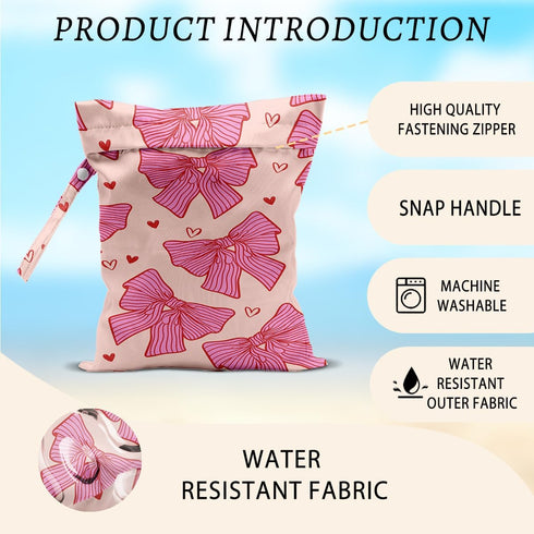 HZMLYDJ 2Pcs 12x10 Inch, Pink Bow Wet Bags Heart Waterproof Travel Laundry Bags, Washable Reusable Wet Dry Bag
