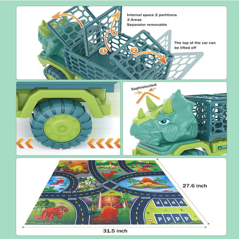 JKGIFTS 3-5, 15 Set Dinosaur Truck Toys for Kids Triceratops Car Toy with Dino Figures,Large Activity Play Mat