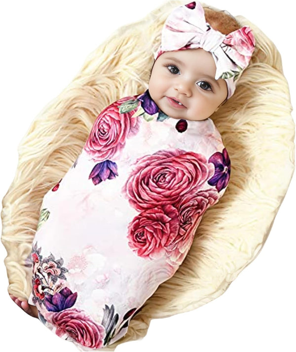 Galabloomer Newborn Receiving Blanket Headband Set Baby Flower Rose Swaddle with Big