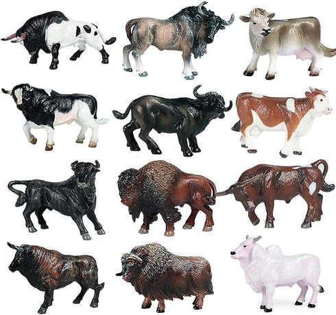 Hiawbon 12 Pcs Miniature Cattle Figurines Set - Mini Cow Models Plastic Cattle Models