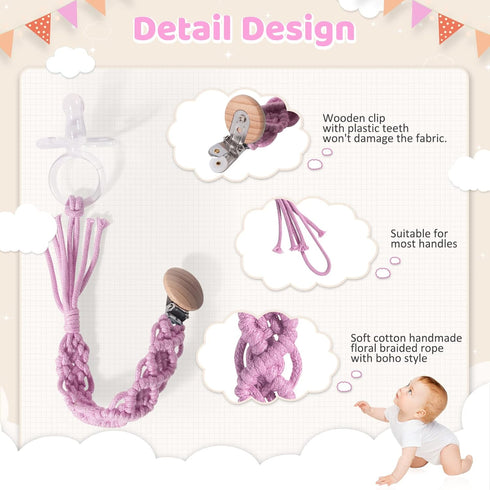 Boho Pacifier Clip for Boys Girls Pacifier Holder Leash Wooden Clips Handmade Braided Cotton Unisex Baby Shower