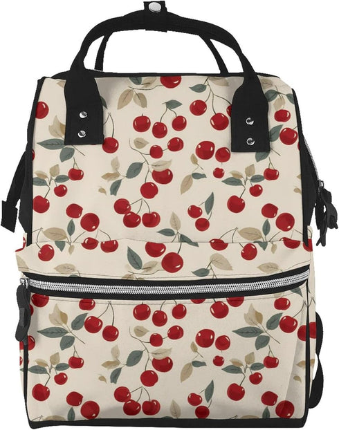 Qewfoju Red Cherries 2 Print Diaper Bag Backpack Large Capacity Diaper Backpack Baby