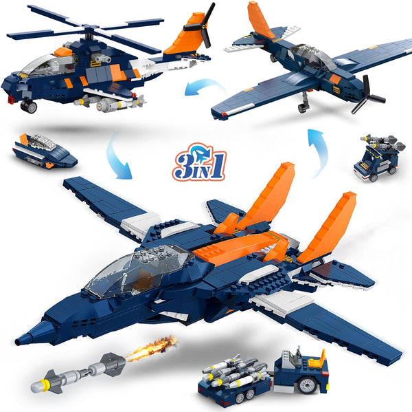 HOGOKIDS 3 in 1 Fighter Jet Plane Building Sets, Military Propeller Aircraft