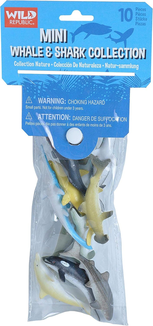Wild Republic Mini Whale & Shark Polybag - Kids Gifts, Educational Aquatic Toys, 10 Pieces in Reusable Bag