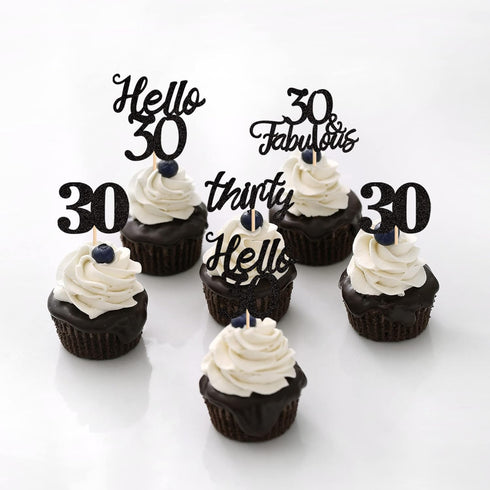 24 PCS 30th Birthday Cupcake Toppers, Hello 30 Cake Topper, Thirty 30 & Fabulous Cupcake Picks, 30th Birthday