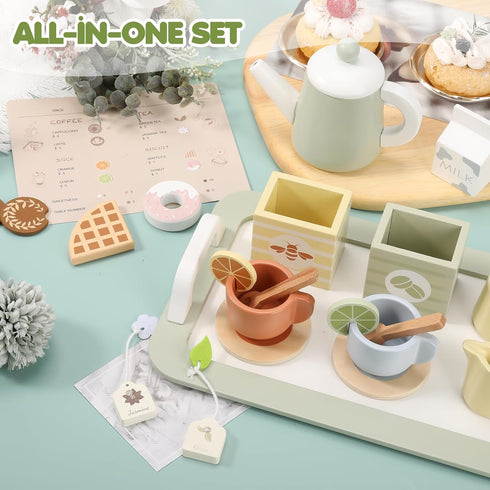 Set Set 1 2 3 4 5 Wooden Tea Party for Little Girls, Play Tea for Kids Toddlers, Pretend Play Kitchen Toy Gift