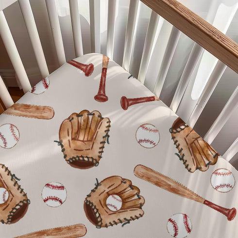 KuphiL10C Mattress-28x52 Watercolor Baseball Gloves Pattern Baby Sheets for Crib, Unisex Sport Theme Nursery Fitted Bed