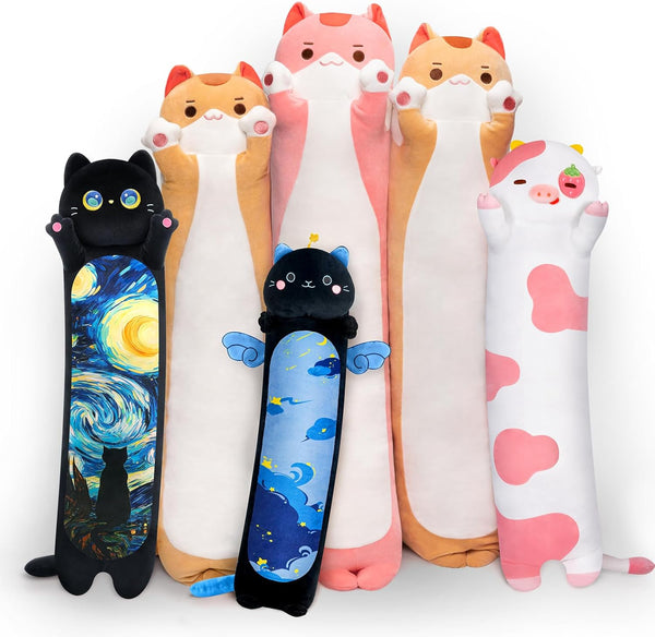 Long Cat Plush Kawaii Body Pillow - 44” Cute Brown Cat Stuffed Animals, Orange Kitten Plush Throw Pillow Gift