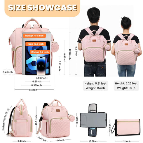 Backpack 35L ROSEGIN Pink Diaper Bag for Baby Girls - Baby Shower Gifts for Mom, Quilted Diaper Bag with Changing Pad