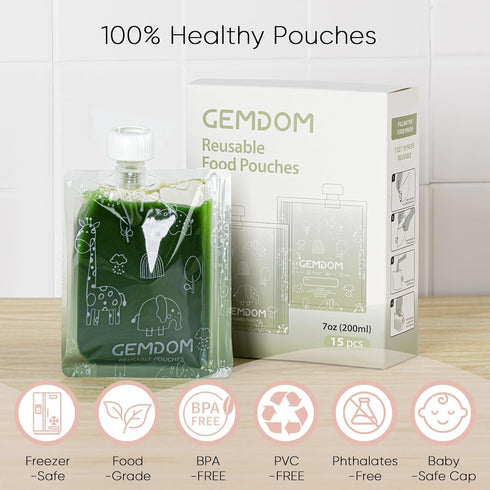 Gemdom 15 Pack 7oz/200ml Reusable Baby Food Pouches for Toddlers, Refillable Squeeze Pouch for Applesauce Yogurt
