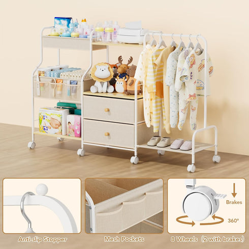 3 BBLIKE Diaper Caddy Organizer with Hanging Rack - Tier Rolling Utility Cart with Drawers and Dividers for Baby Bottle