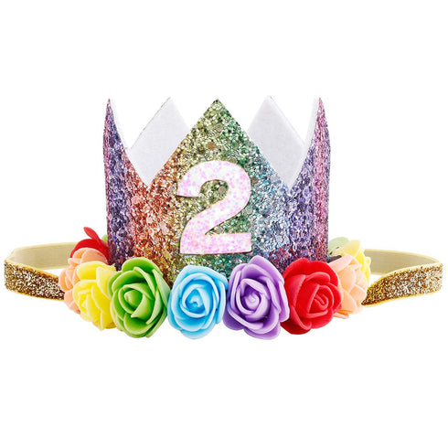 Baby Girl Glitter 1 2 3 First Birthday Rainbow Flower Crown Hat Floral Tiara Headband for Photo Prop (Number 2)
