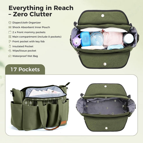 17 Lekebaby Diaper Bag Tote for Baby - Pockets Large Travel Diaper Tote with Portable Changing Pad, Mom Crossbody