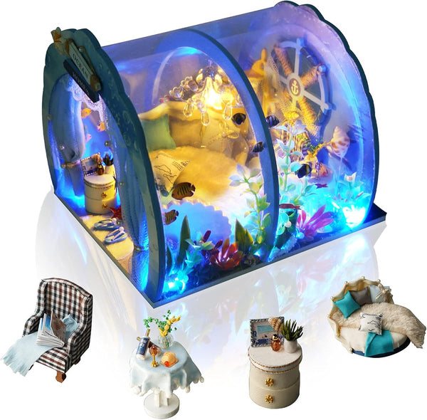 GuDoQi DIY Miniature Dollhouse Kit, 1:24 Scale, Tiny House with Furniture, Mermaid Princess Gift for Birthday Mother's