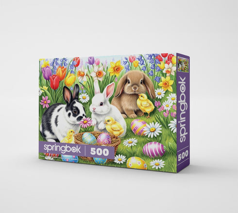 500 Springbok Three Easter Bunnies Piece Jigsaw Puzzle for Adults Poster Now Included - Spring and Floral Unique Cut