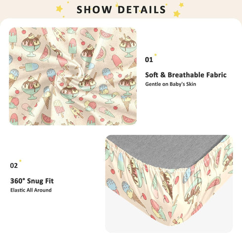 Jynexis 52x28 Ice Cream Cherry Beige Print Baby Crib Sheets, Cotton Fitted Crib Sheet, Soft Breathable, Fits Standard