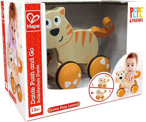 Hape Dante Push and Go Wooden Toy, Release & Go Cat Toddler Toy with Wheels