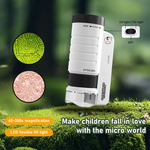 Grampus 60x-200x LED Pocket Microscope Portable Handheld STEM Toy for Kids Adults, Mini Microscope for Student Science