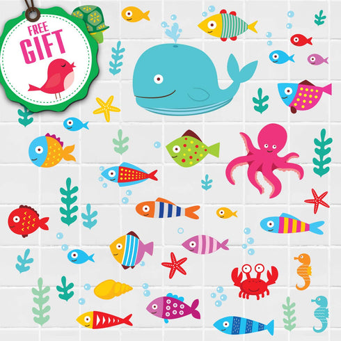 Ocean Fish Wall Decals, Sea Whale Turtle Tropical Creatures Bathroom Stickers, Cartoon Decorative Wall Decal for Kids