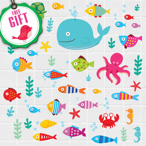 Ocean Fish Wall Decals, Sea Whale Turtle Tropical Creatures Bathroom Stickers, Cartoon Decorative Wall Decal for Kids
