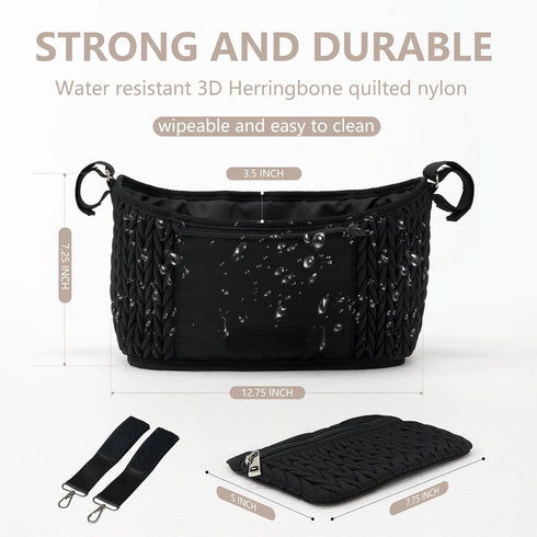 Stroller Organizer - Stylish Quilting Nylon, Universal Fit, Detachable Bag, Adjustable Multi-Storage for Baby Stroller