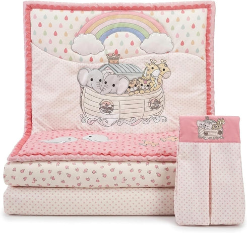 4 Set EVERYDAY KIDS Precious Moments Noahs Ark Pc Crib Bedding for Girls Nursery Includes Baby Bed Quilt, Fitted Sheet