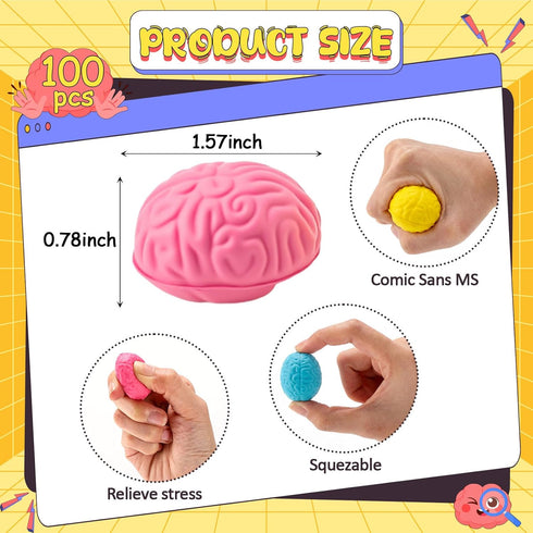 100 (3 Skylety Pcs Brain Stress Balls Bulk Halloween Funny Toy PU Hand Muscle Exercise Pressure Ball Brain Shaped Toy