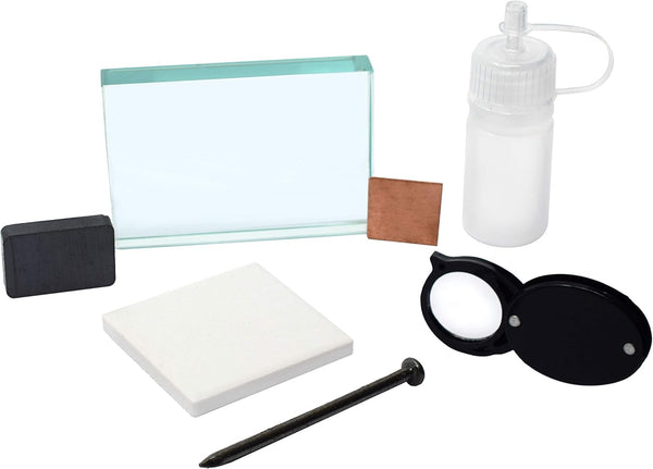 EISCO Mineral ID Kit - 7 Pieces for Geology Classrooms - Includes Streak Plate, Glass Plate, Dropper Bottle & More