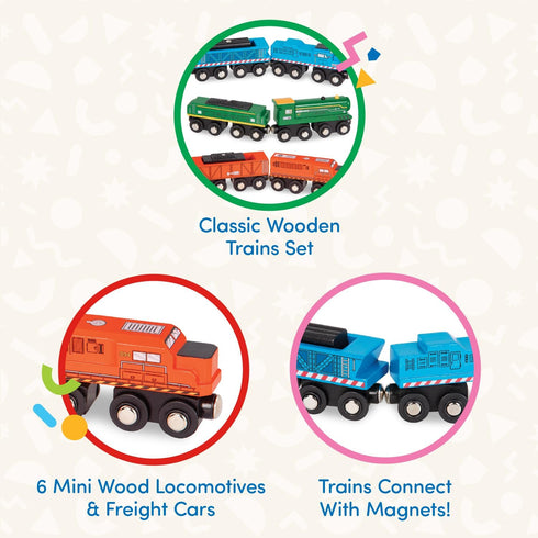 Battat Classic Trains 6Pc Wooden Railroad Set - Magnetic Toy Trains with Engines & Cars for Kids 3 Years +