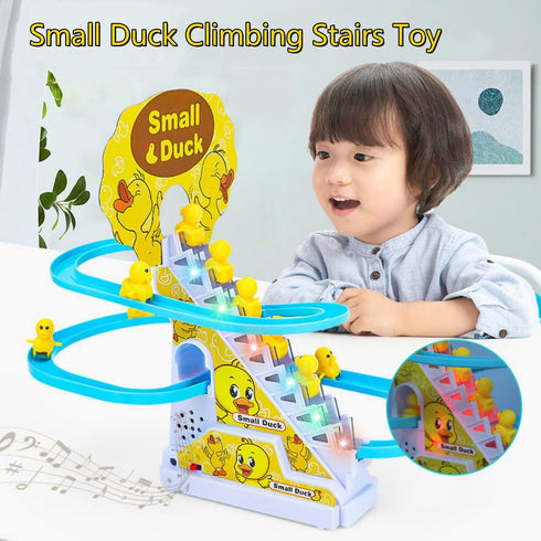Small Duck Climbing Stairs Toy, Electric Duck Roller Coaster Set with LED Lights & Music, Birthday Gift for Kids