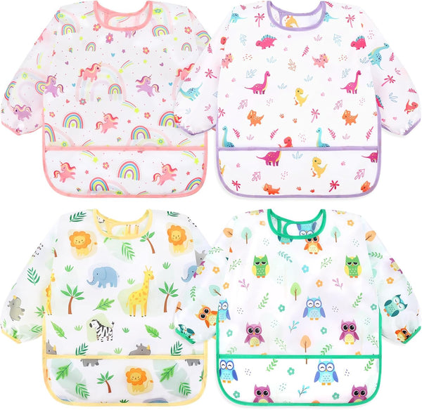 Accmor 4 Pack Long Sleeve Bibs, Baby Smock Waterproof Sleeved Bib Smock