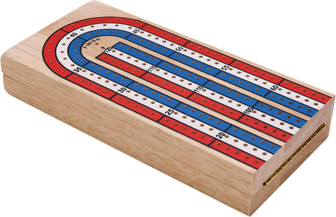 STERLING Games Folding Cribbage Board: 3 Track Wooden Board with Red White Blue Pegs for 3 Players